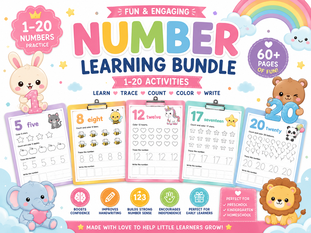Number Learning Bundle for Kids | 50 Printable Number Activities | Number Tracing Worksheets | Counting & Matching Games