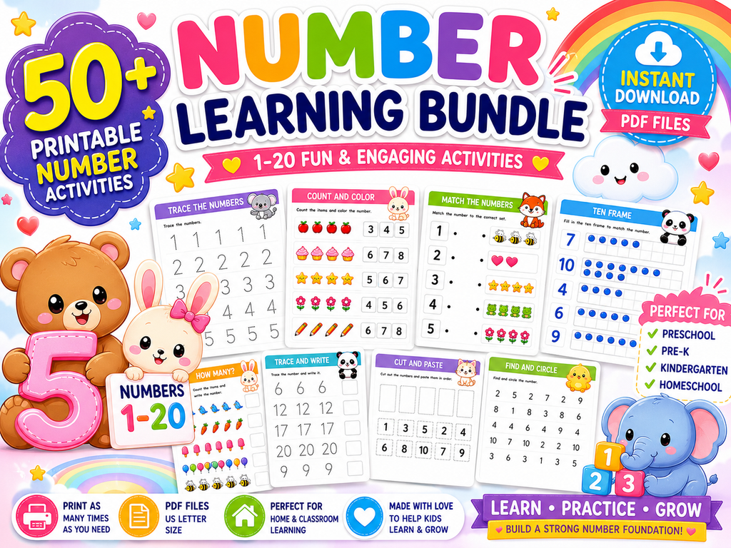 Number Learning Bundle for Kids | 50 Printable Number Activities | Number Tracing Worksheets | Counting & Matching Games