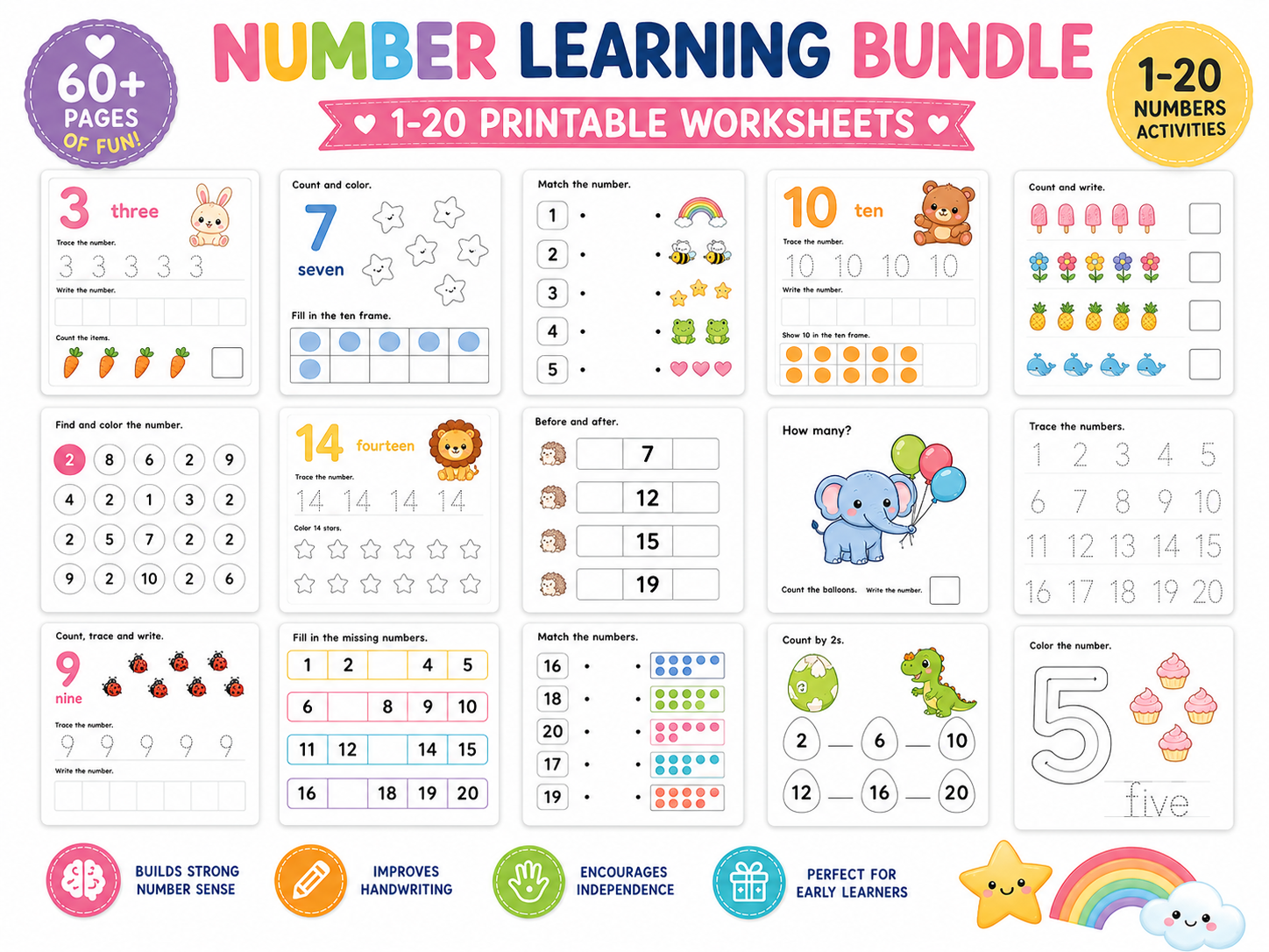 Number Learning Bundle for Kids | 50 Printable Number Activities | Number Tracing Worksheets | Counting & Matching Games