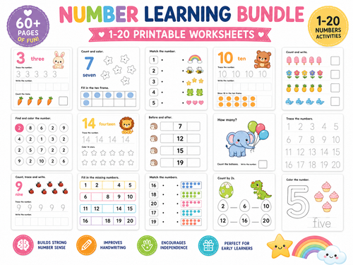 Number Learning Bundle for Kids | 50 Printable Number Activities | Number Tracing Worksheets | Counting & Matching Games