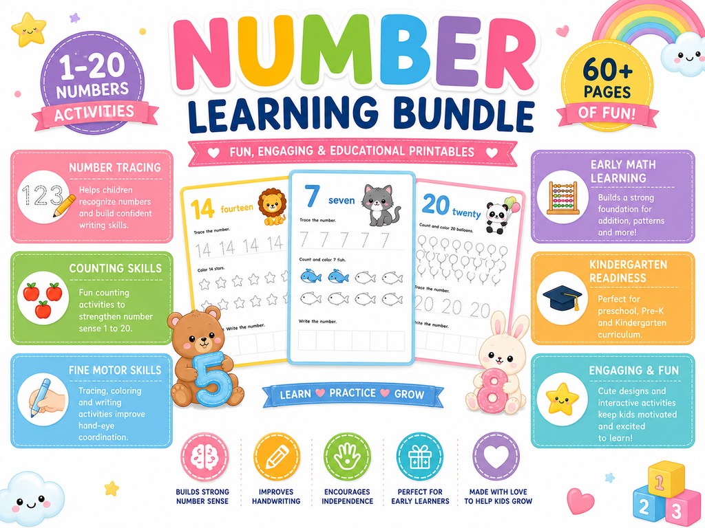 Number Learning Bundle for Kids | 50 Printable Number Activities | Number Tracing Worksheets | Counting & Matching Games
