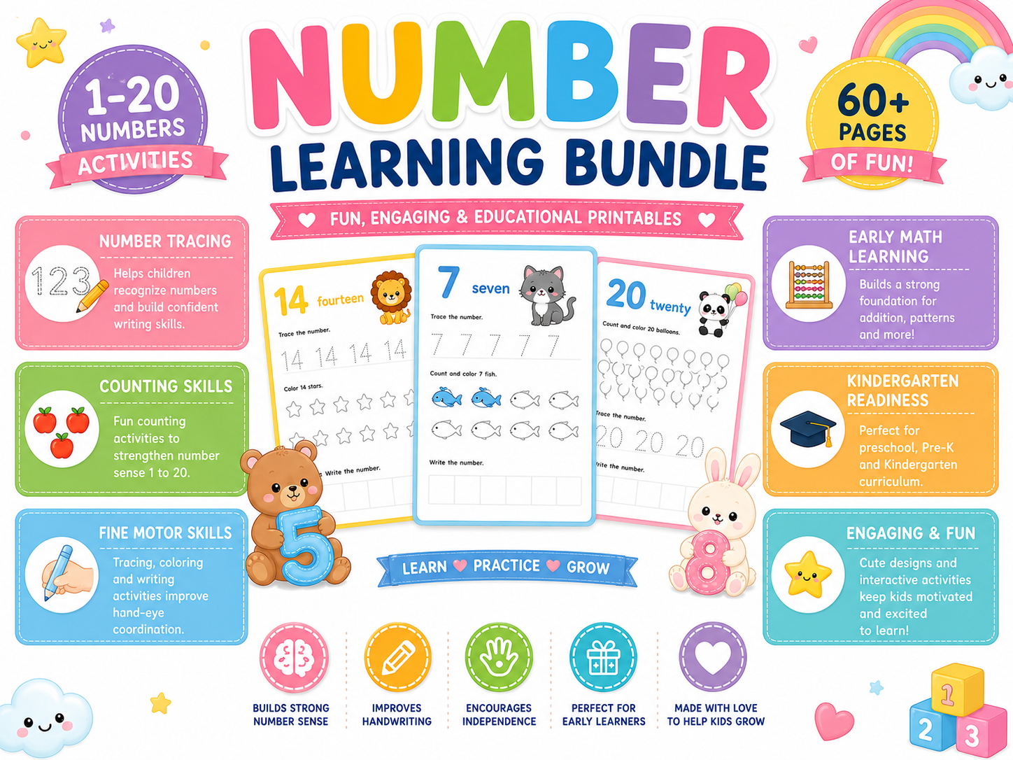 Number Learning Bundle for Kids | 50 Printable Number Activities | Number Tracing Worksheets | Counting & Matching Games