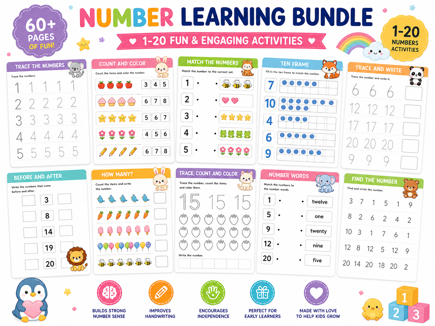 Number Learning Bundle for Kids | 50 Printable Number Activities | Number Tracing Worksheets | Counting & Matching Games