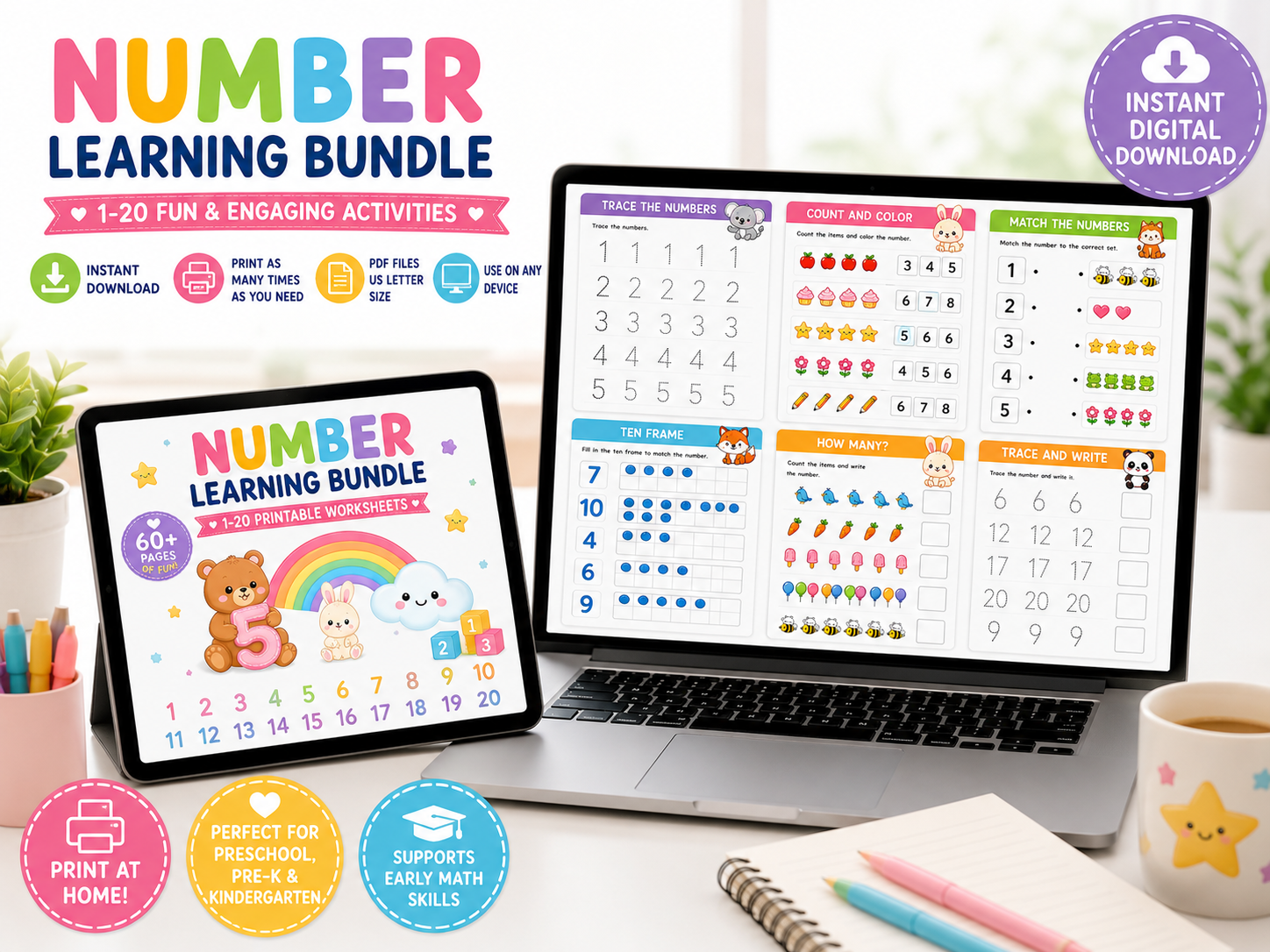 Number Learning Bundle for Kids | 50 Printable Number Activities | Number Tracing Worksheets | Counting & Matching Games