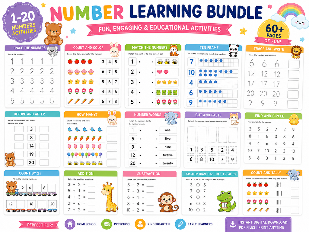 Number Learning Bundle for Kids | 50 Printable Number Activities | Number Tracing Worksheets | Counting & Matching Games