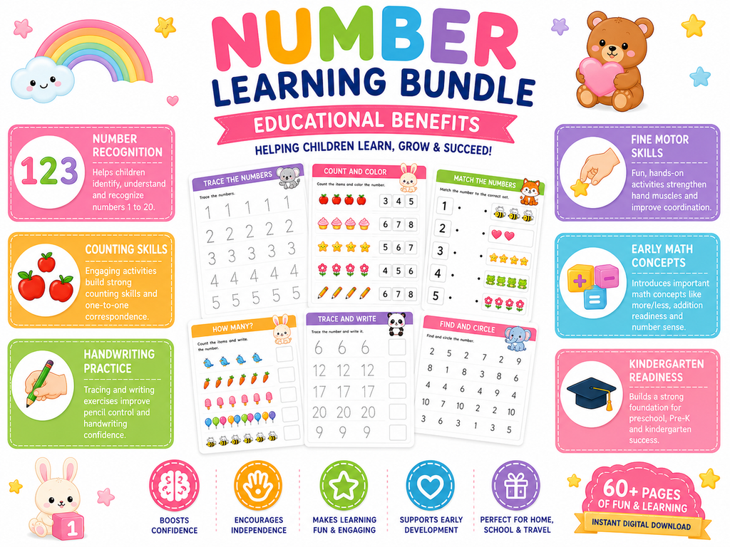 Number Learning Bundle for Kids | 50 Printable Number Activities | Number Tracing Worksheets | Counting & Matching Games
