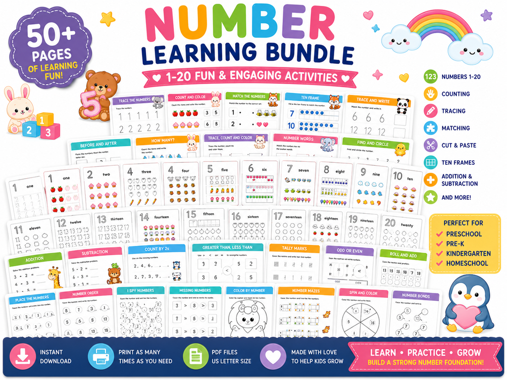 Number Learning Bundle for Kids | 50 Printable Number Activities | Number Tracing Worksheets | Counting & Matching Games