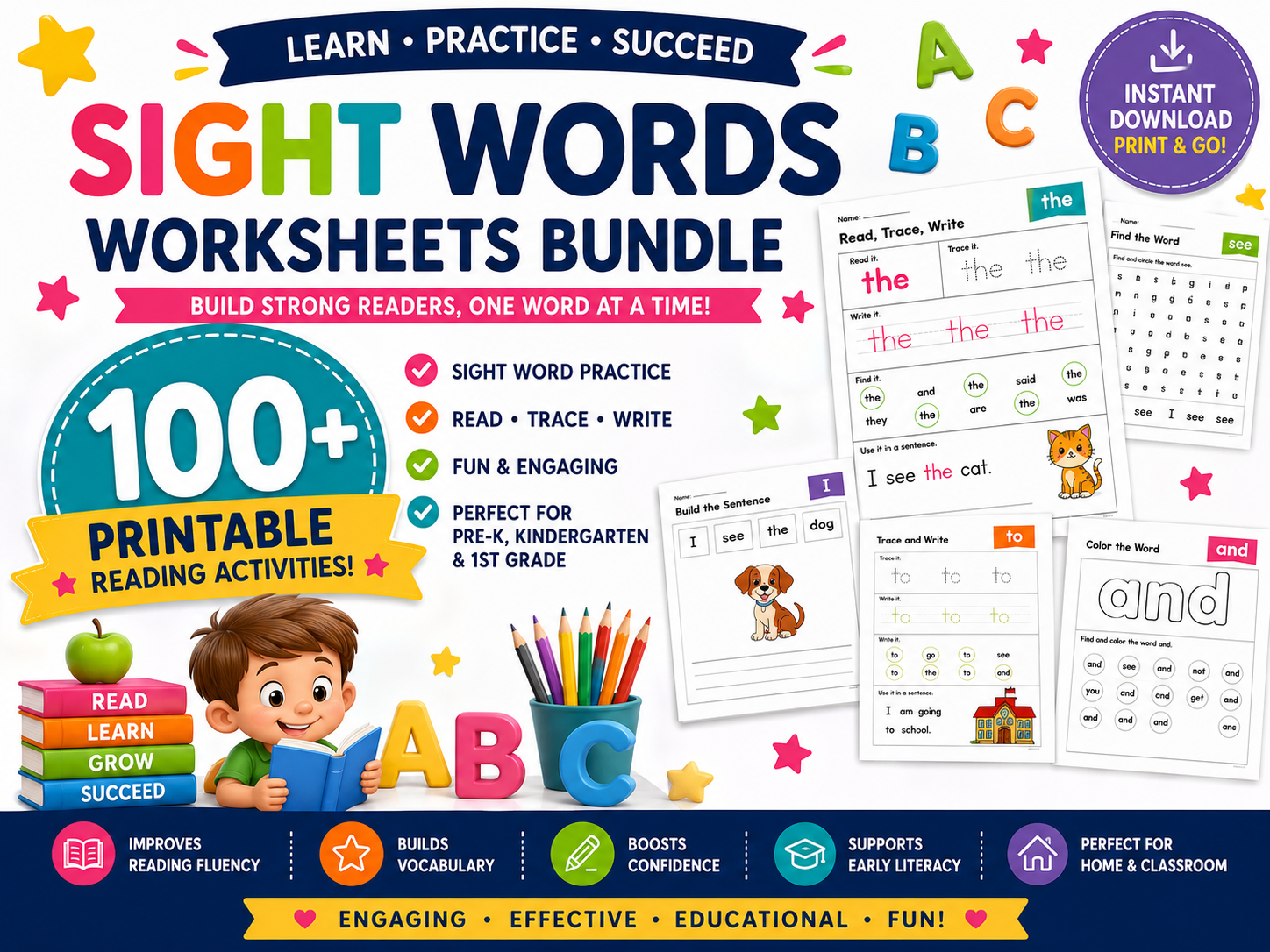 Sight Words Worksheets Bundle | 100+ Printable Reading Activities | Read, Trace, Write, Color & Find Sight Words | Kindergarten Literacy Worksheets