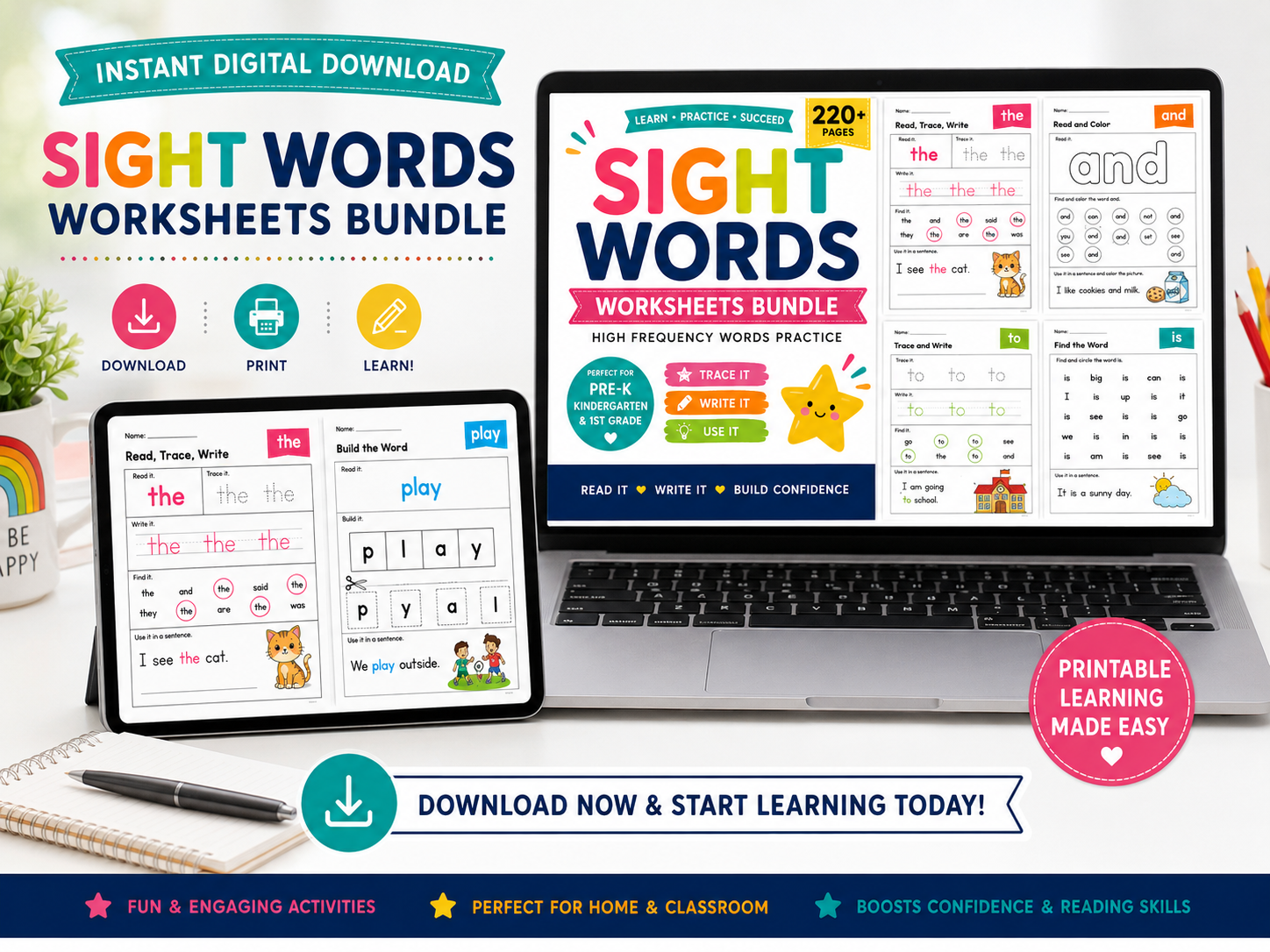 Sight Words Worksheets Bundle | 100+ Printable Reading Activities | Read, Trace, Write, Color & Find Sight Words | Kindergarten Literacy Worksheets
