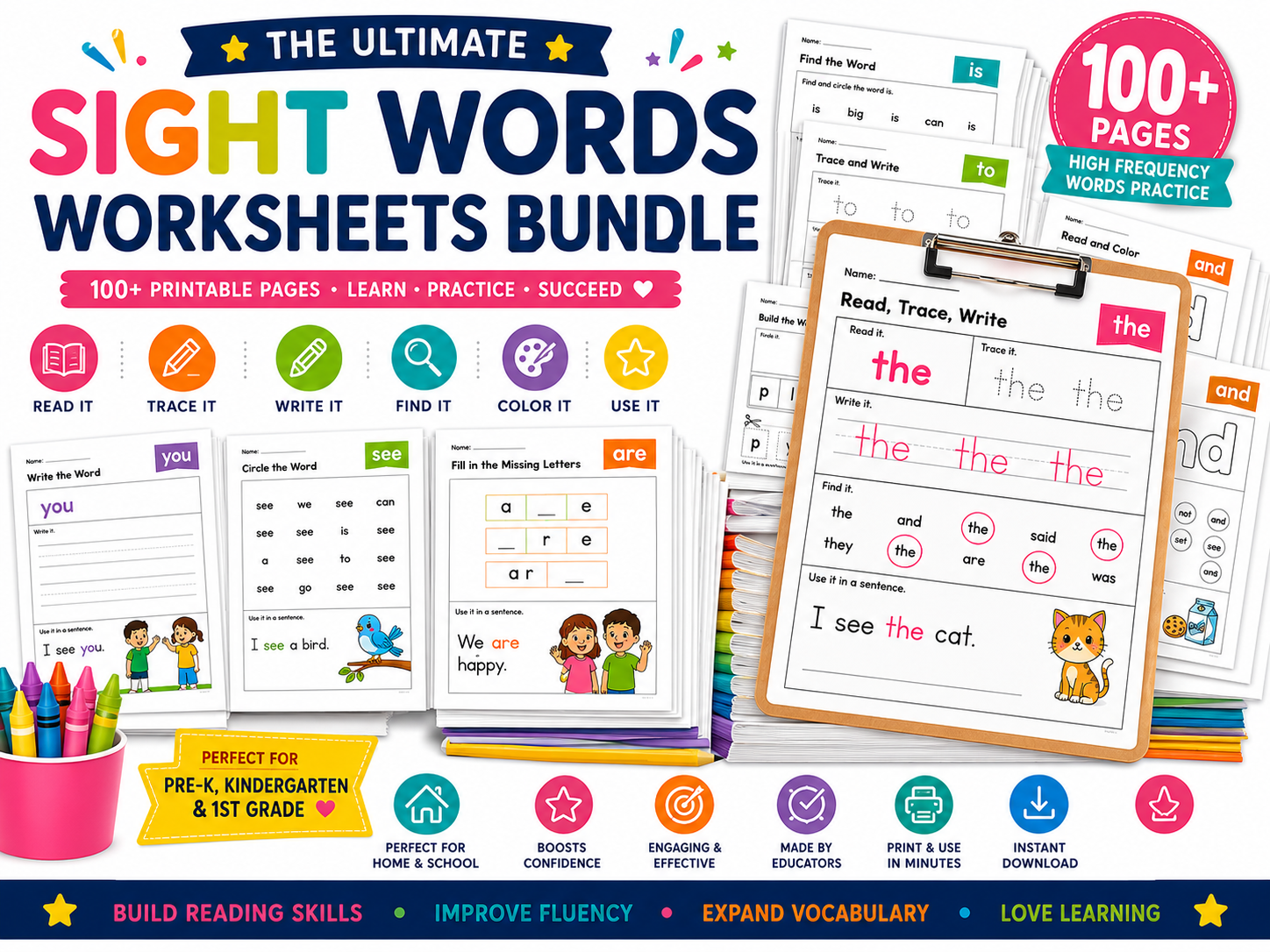 Sight Words Worksheets Bundle | 100+ Printable Reading Activities | Read, Trace, Write, Color & Find Sight Words | Kindergarten Literacy Worksheets