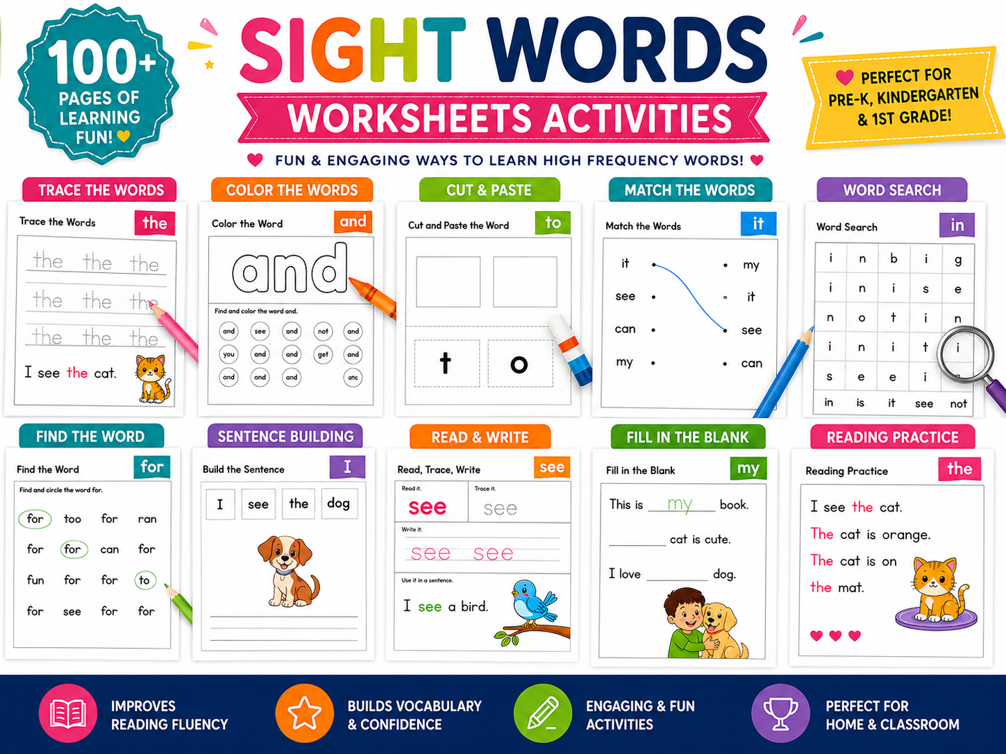 Sight Words Worksheets Bundle | 100+ Printable Reading Activities | Read, Trace, Write, Color & Find Sight Words | Kindergarten Literacy Worksheets