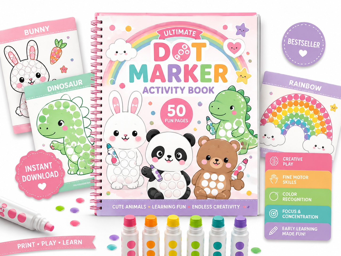 Dot Marker Activity Book Bundle for Kids | 50 Printable Learning Activities | Preschool Worksheets | Alphabet, Numbers, Animals & Shapes | Instant Download PDF