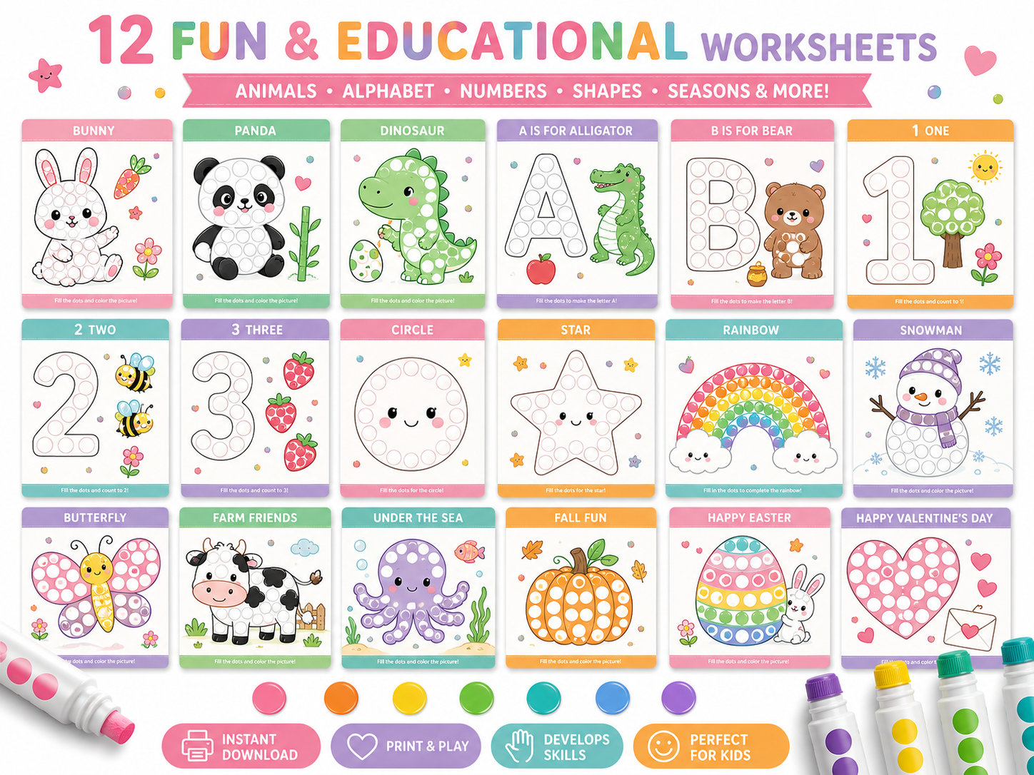 Dot Marker Activity Book Bundle for Kids | 50 Printable Learning Activities | Preschool Worksheets | Alphabet, Numbers, Animals & Shapes | Instant Download PDF