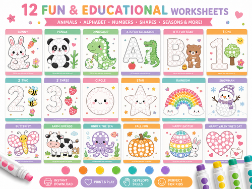 Dot Marker Activity Book Bundle for Kids | 50 Printable Learning Activities | Preschool Worksheets | Alphabet, Numbers, Animals & Shapes | Instant Download PDF