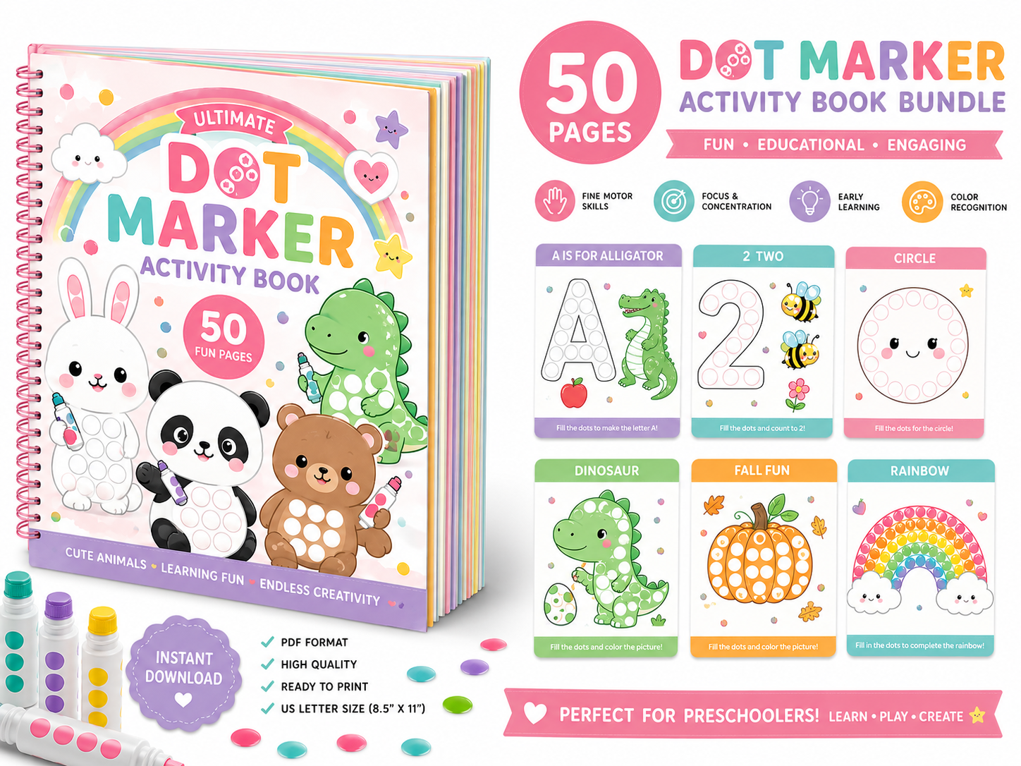 Dot Marker Activity Book Bundle for Kids | 50 Printable Learning Activities | Preschool Worksheets | Alphabet, Numbers, Animals & Shapes | Instant Download PDF