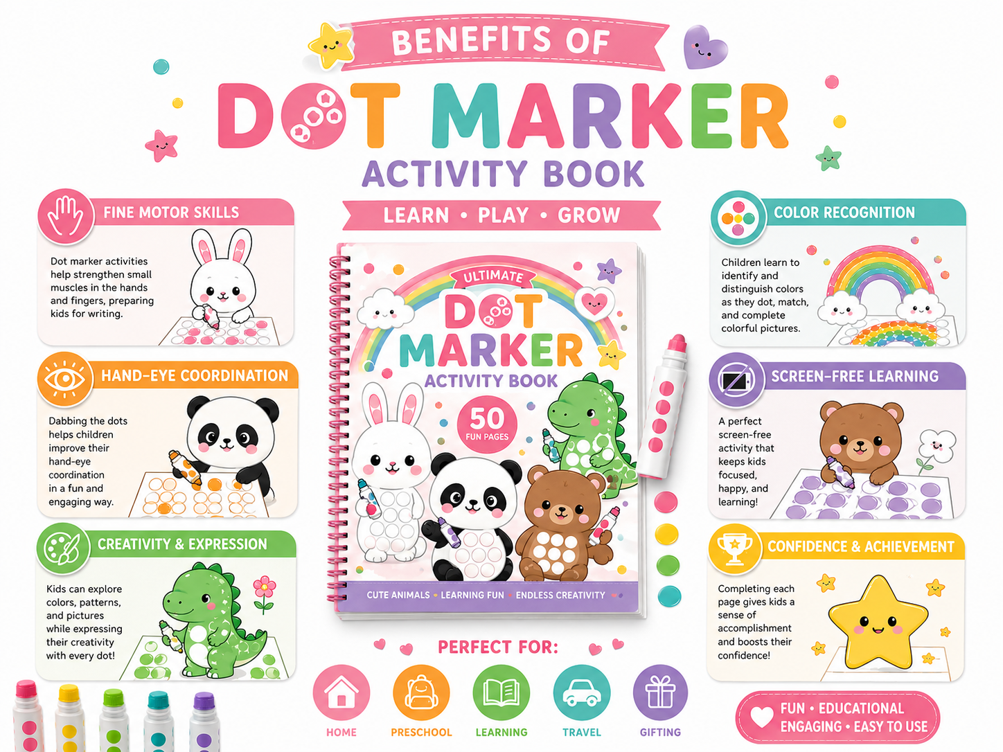 Dot Marker Activity Book Bundle for Kids | 50 Printable Learning Activities | Preschool Worksheets | Alphabet, Numbers, Animals & Shapes | Instant Download PDF