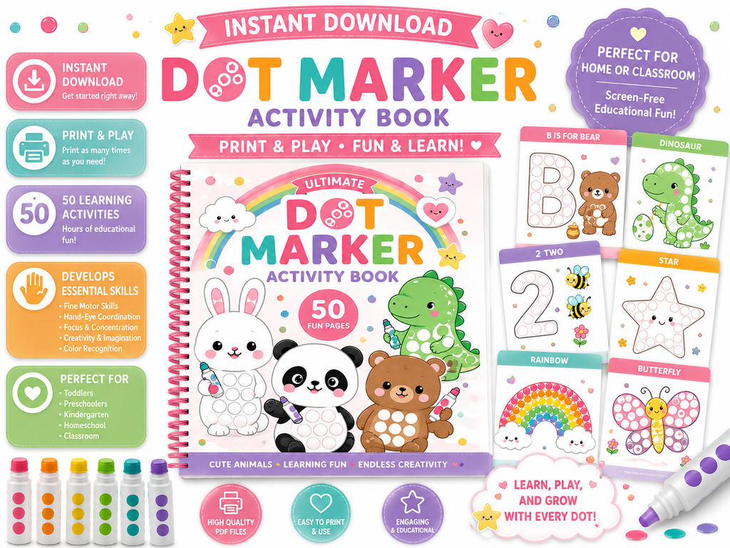 Dot Marker Activity Book Bundle for Kids | 50 Printable Learning Activities | Preschool Worksheets | Alphabet, Numbers, Animals & Shapes | Instant Download PDF