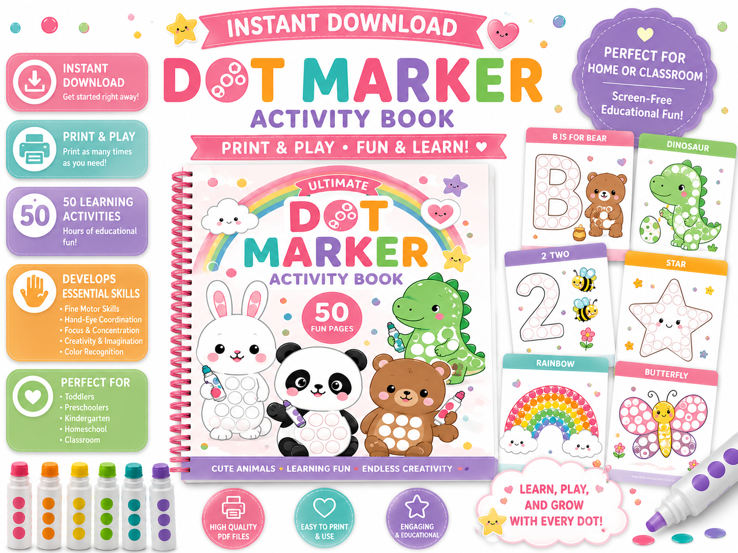 Dot Marker Activity Book Bundle for Kids | 50 Printable Learning Activities | Preschool Worksheets | Alphabet, Numbers, Animals & Shapes | Instant Download PDF