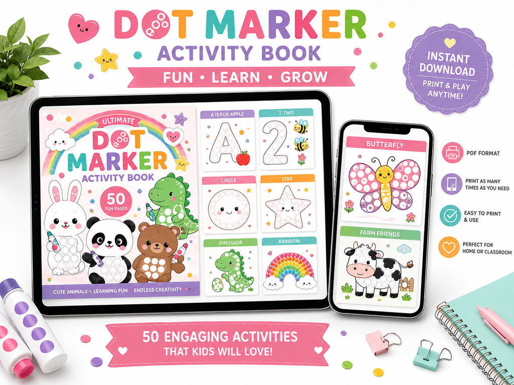 Dot Marker Activity Book Bundle for Kids | 50 Printable Learning Activities | Preschool Worksheets | Alphabet, Numbers, Animals & Shapes | Instant Download PDF