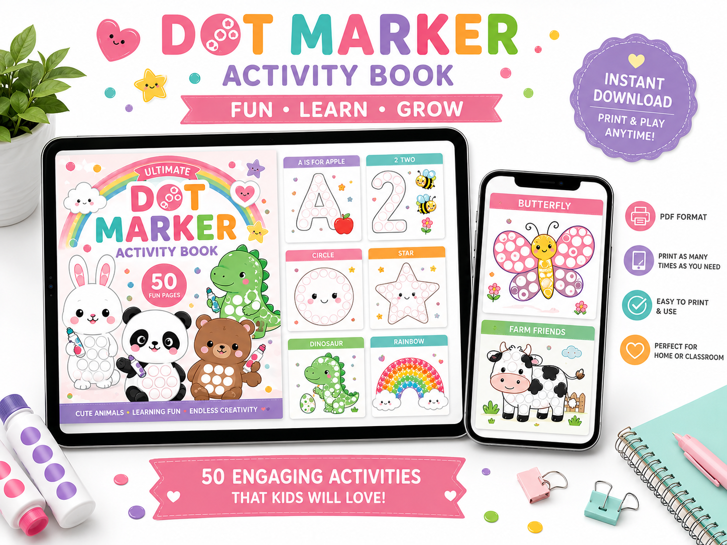 Dot Marker Activity Book Bundle for Kids | 50 Printable Learning Activities | Preschool Worksheets | Alphabet, Numbers, Animals & Shapes | Instant Download PDF