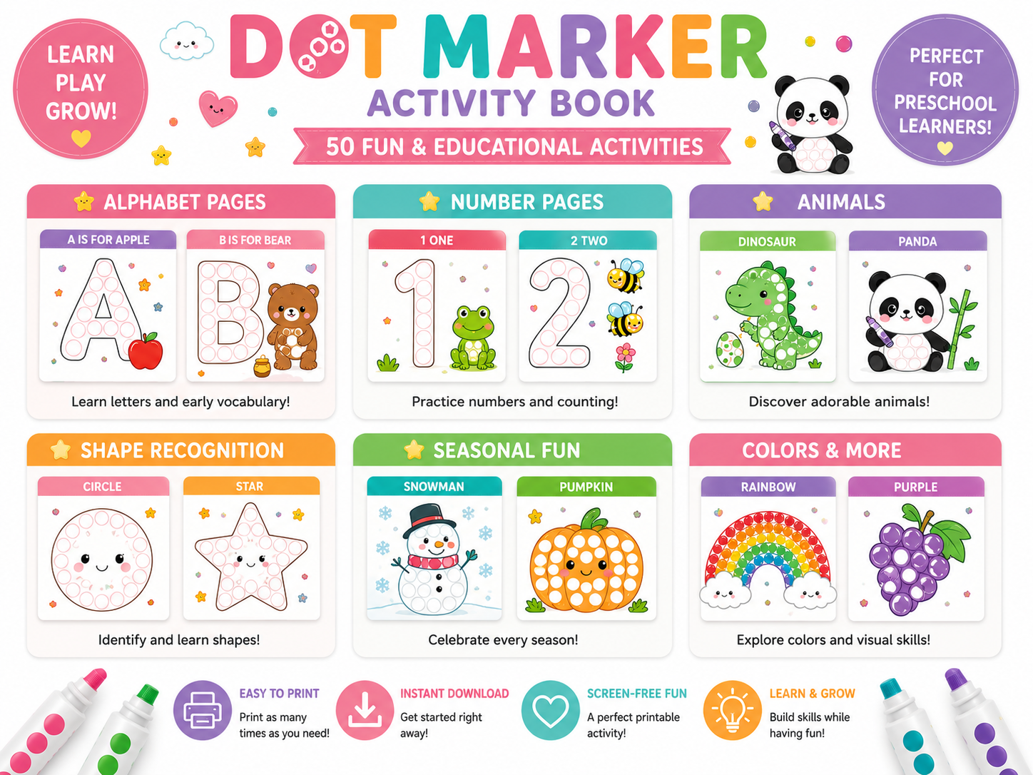 Dot Marker Activity Book Bundle for Kids | 50 Printable Learning Activities | Preschool Worksheets | Alphabet, Numbers, Animals & Shapes | Instant Download PDF
