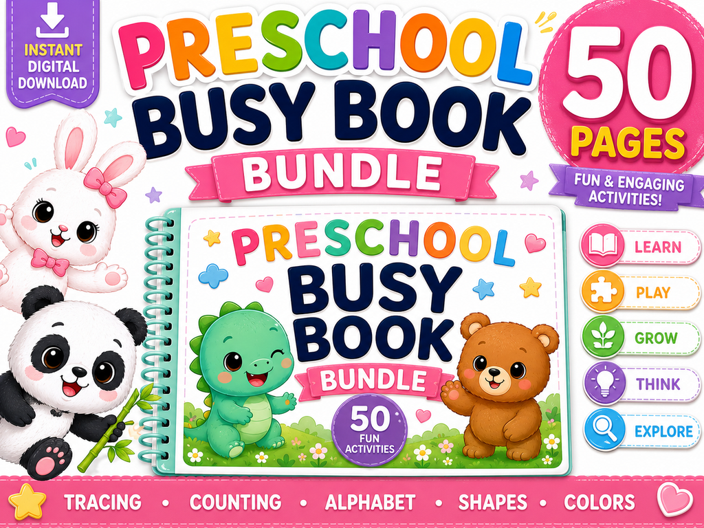 Preschool Busy Book Bundle | 50 Printable Learning Activities for Kids Ages 3-5 | Alphabet Tracing, Counting, Matching, Shapes & Colors | Instant Download PDF