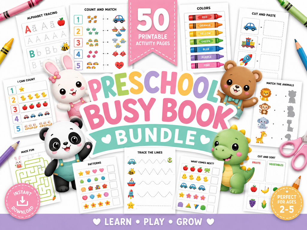 Preschool Busy Book Bundle | 50 Printable Learning Activities for Kids Ages 3-5 | Alphabet Tracing, Counting, Matching, Shapes & Colors | Instant Download PDF