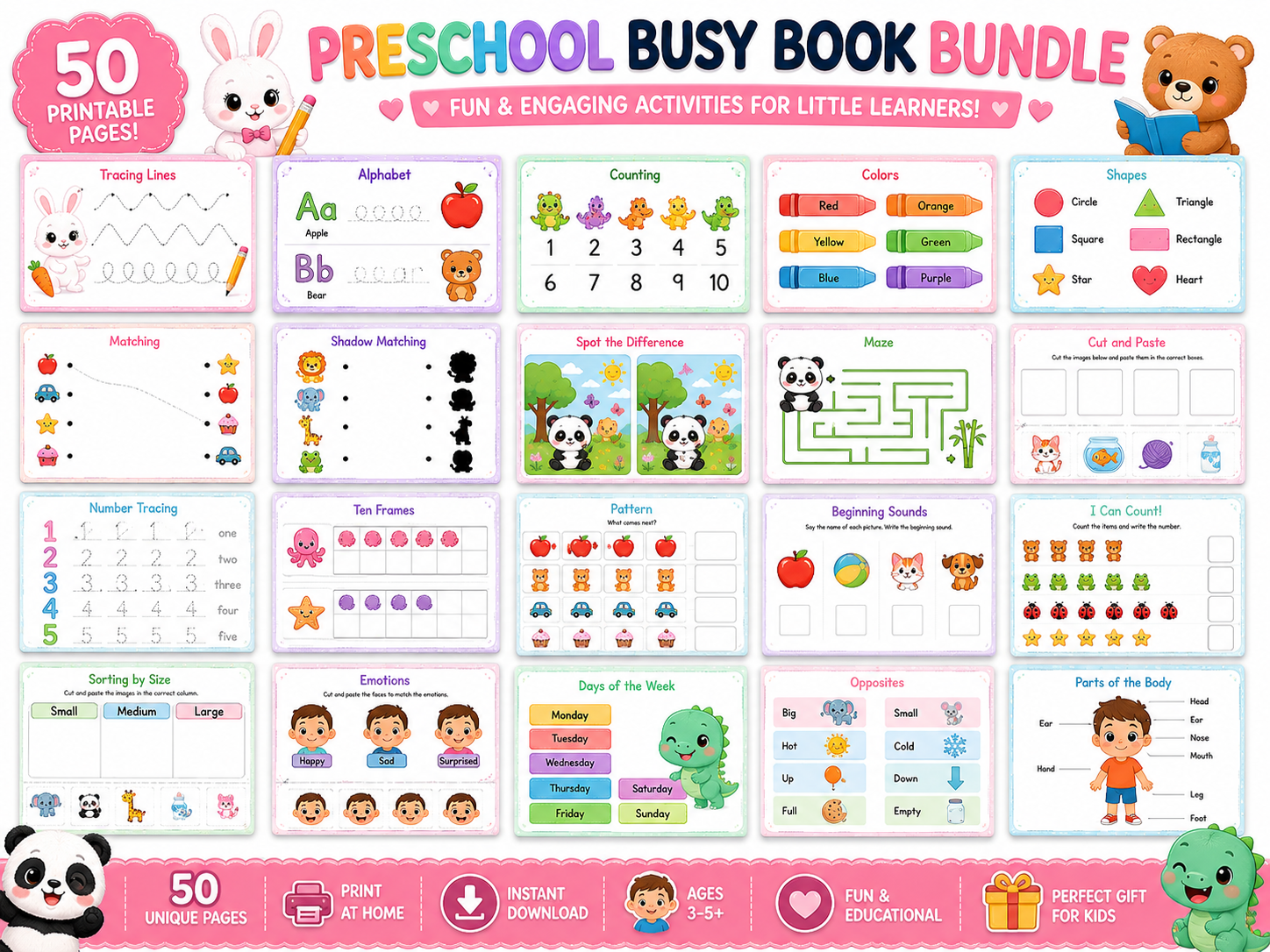 Preschool Busy Book Bundle | 50 Printable Learning Activities for Kids Ages 3-5 | Alphabet Tracing, Counting, Matching, Shapes & Colors | Instant Download PDF
