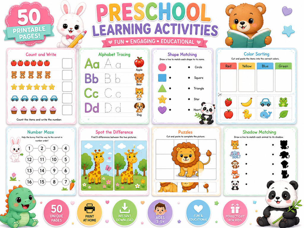 Preschool Busy Book Bundle | 50 Printable Learning Activities for Kids Ages 3-5 | Alphabet Tracing, Counting, Matching, Shapes & Colors | Instant Download PDF