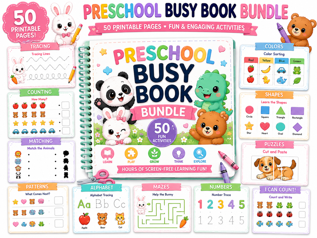 Preschool Busy Book Bundle | 50 Printable Learning Activities for Kids Ages 3-5 | Alphabet Tracing, Counting, Matching, Shapes & Colors | Instant Download PDF