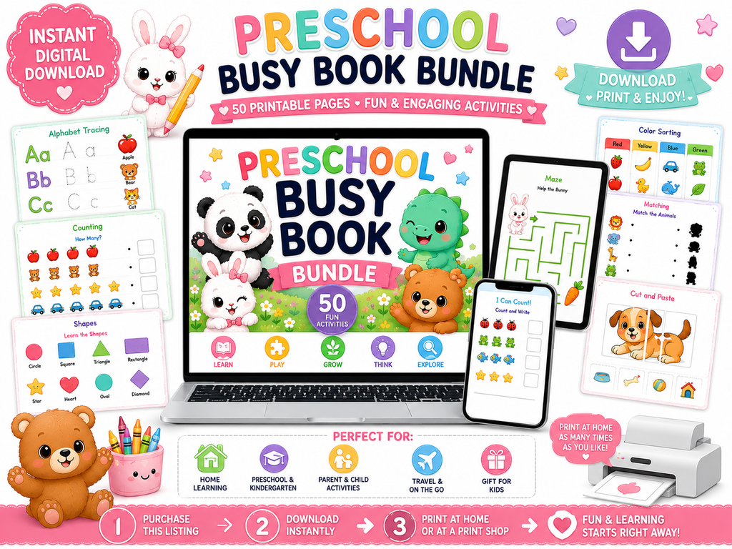 Preschool Busy Book Bundle | 50 Printable Learning Activities for Kids Ages 3-5 | Alphabet Tracing, Counting, Matching, Shapes & Colors | Instant Download PDF