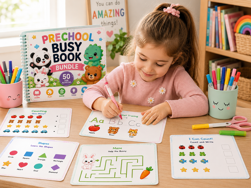 Preschool Busy Book Bundle | 50 Printable Learning Activities for Kids Ages 3-5 | Alphabet Tracing, Counting, Matching, Shapes & Colors | Instant Download PDF