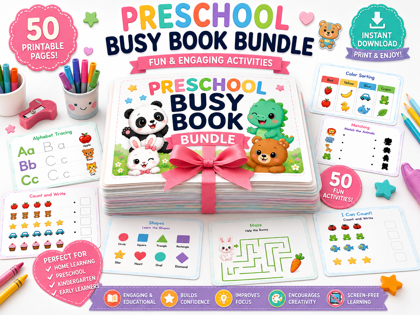 Preschool Busy Book Bundle | 50 Printable Learning Activities for Kids Ages 3-5 | Alphabet Tracing, Counting, Matching, Shapes & Colors | Instant Download PDF
