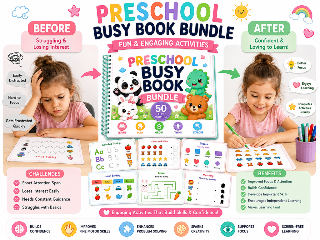 Preschool Busy Book Bundle | 50 Printable Learning Activities for Kids Ages 3-5 | Alphabet Tracing, Counting, Matching, Shapes & Colors | Instant Download PDF