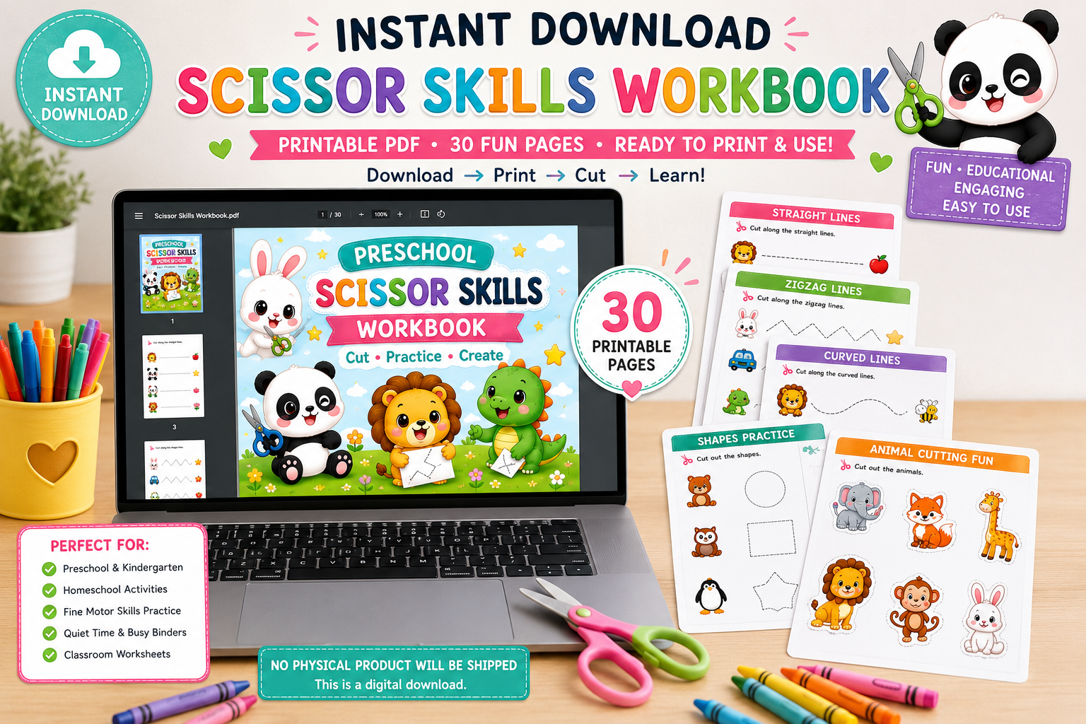 Preschool Scissor Skills Workbook Bundle | 30 Printable Cutting Practice Pages | Fine Motor Skills Activities for Preschool & Kindergarten | Instant PDF Download