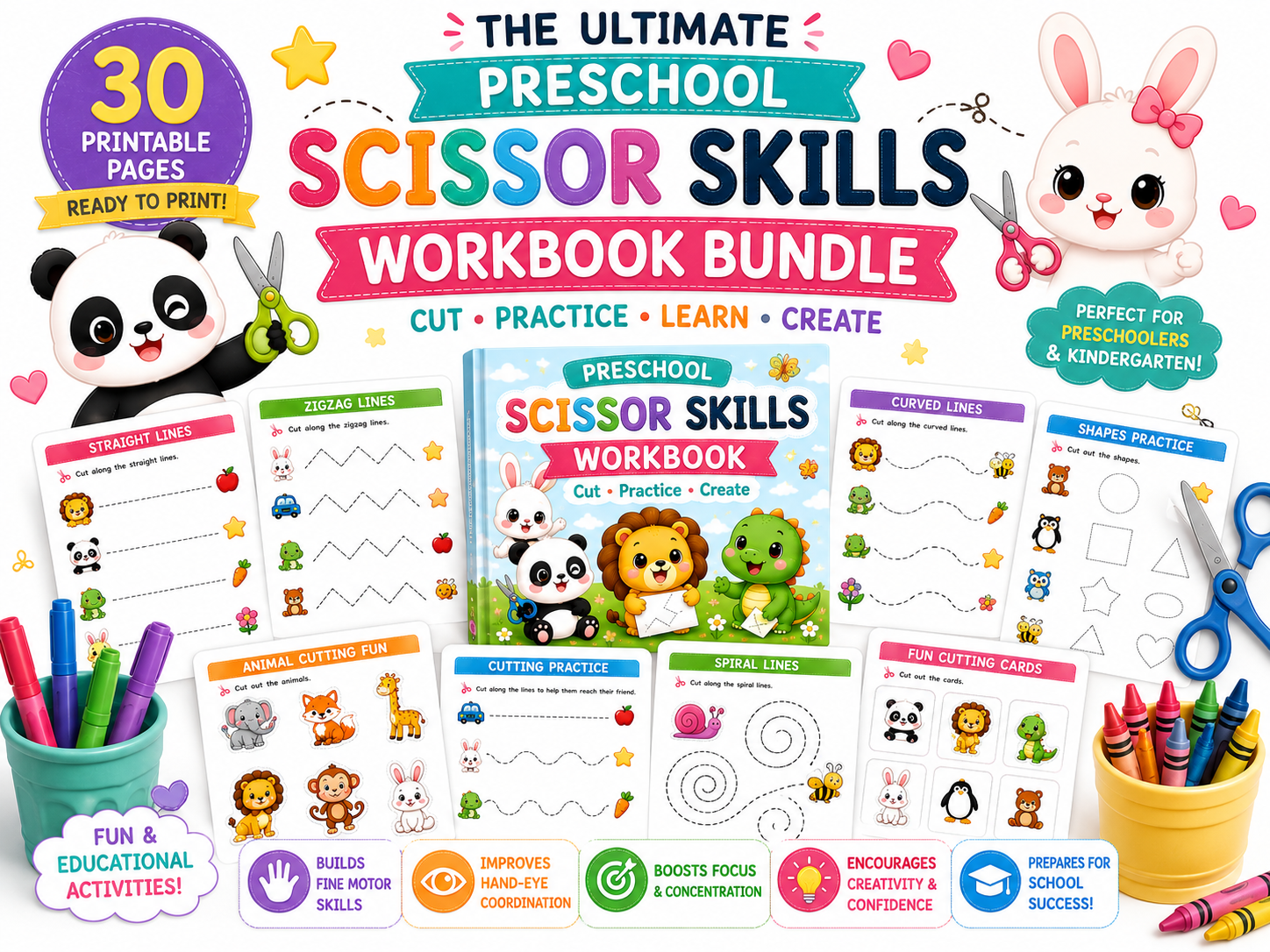 Preschool Scissor Skills Workbook Bundle | 30 Printable Cutting Practice Pages | Fine Motor Skills Activities for Preschool & Kindergarten | Instant PDF Download