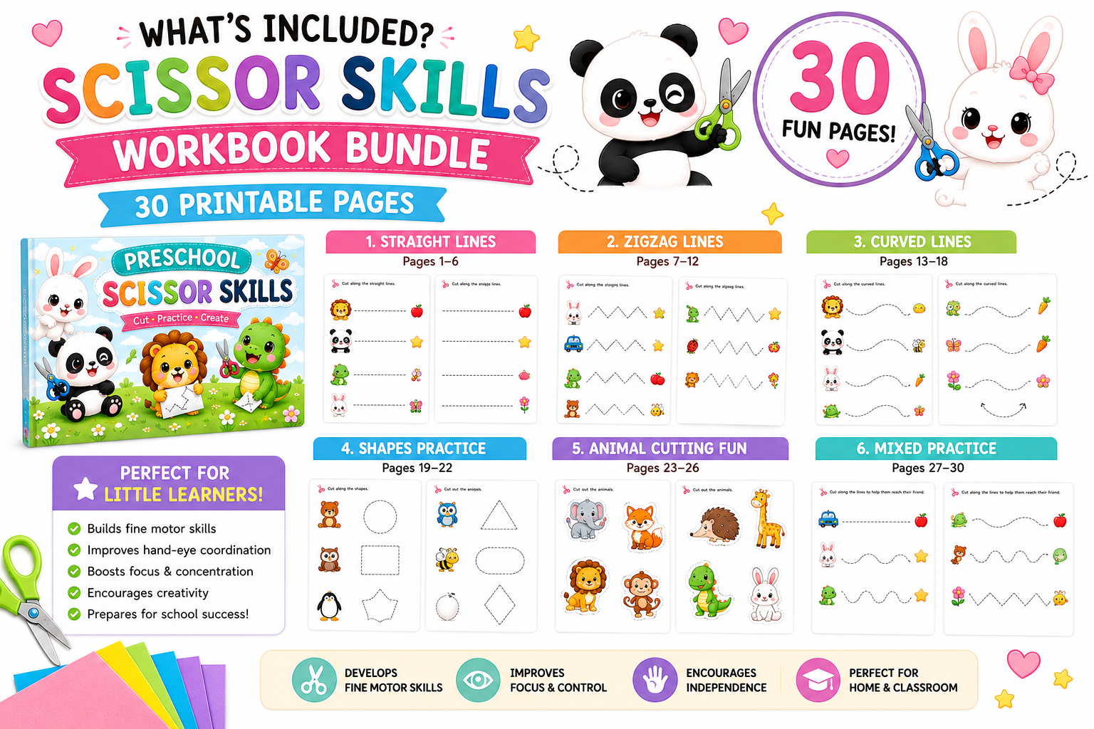 Preschool Scissor Skills Workbook Bundle | 30 Printable Cutting Practice Pages | Fine Motor Skills Activities for Preschool & Kindergarten | Instant PDF Download