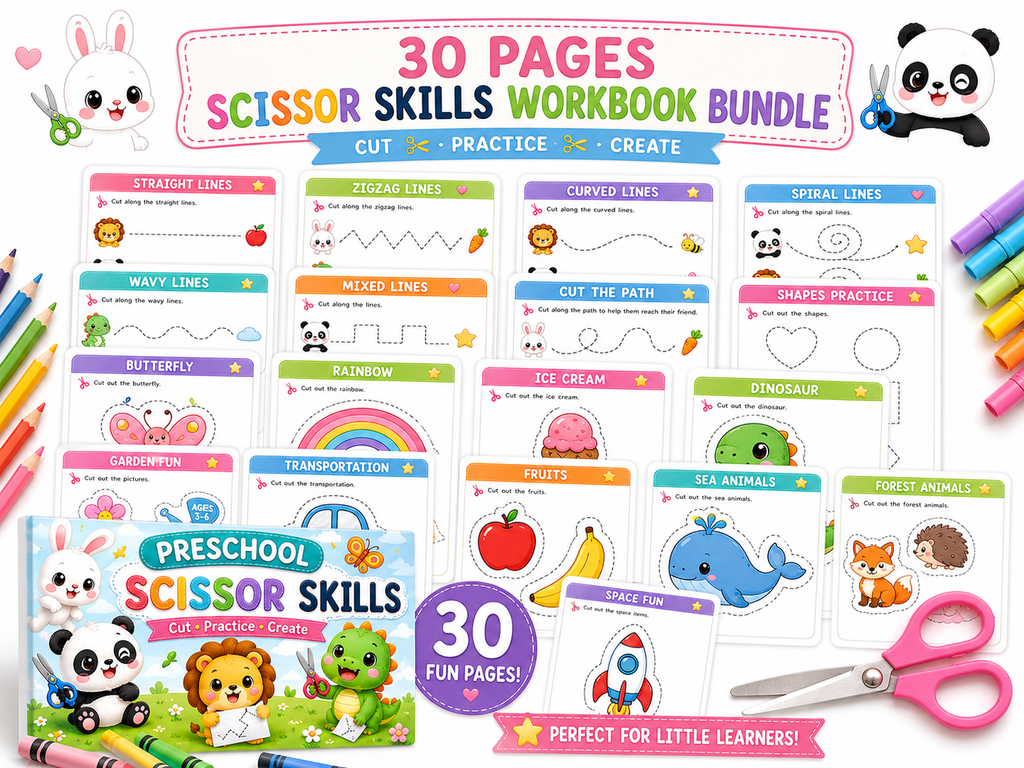 Preschool Scissor Skills Workbook Bundle | 30 Printable Cutting Practice Pages | Fine Motor Skills Activities for Preschool & Kindergarten | Instant PDF Download