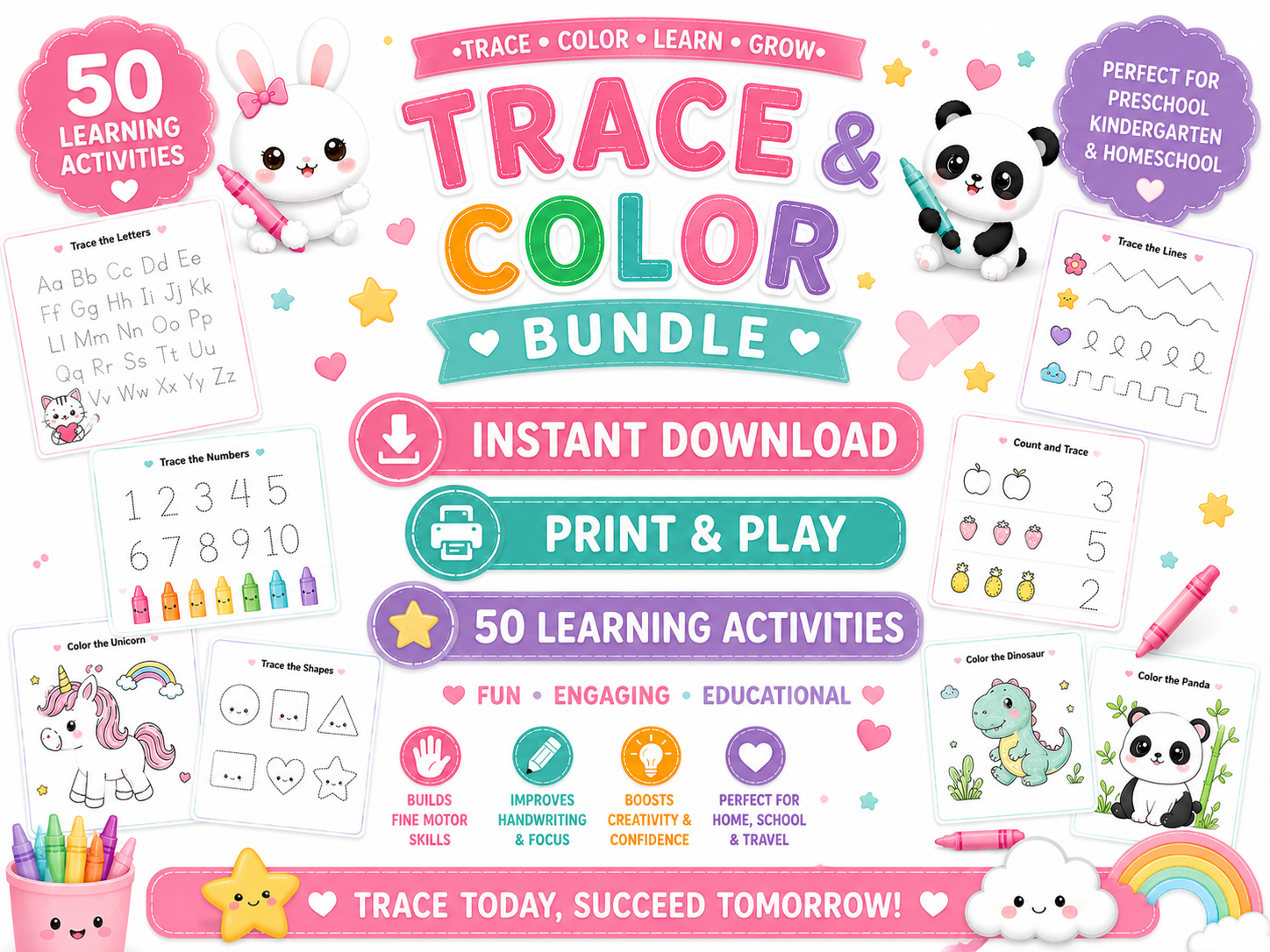 trace and color bundle promotional banner, big text "Instant Download", "Print & Play", "50 Learning Activities", cute kawaii worksheets around composition