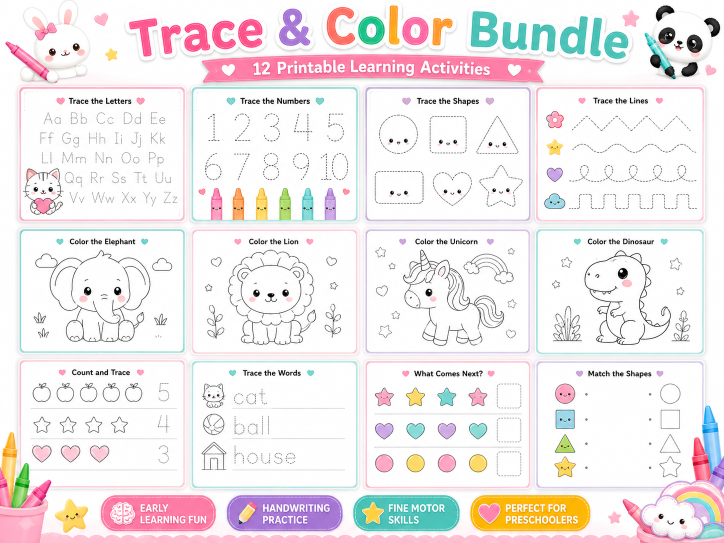 trace and color bundle promotional banner, big text "Instant Download", "Print & Play", "50 Learning Activities", cute kawaii worksheets around composition