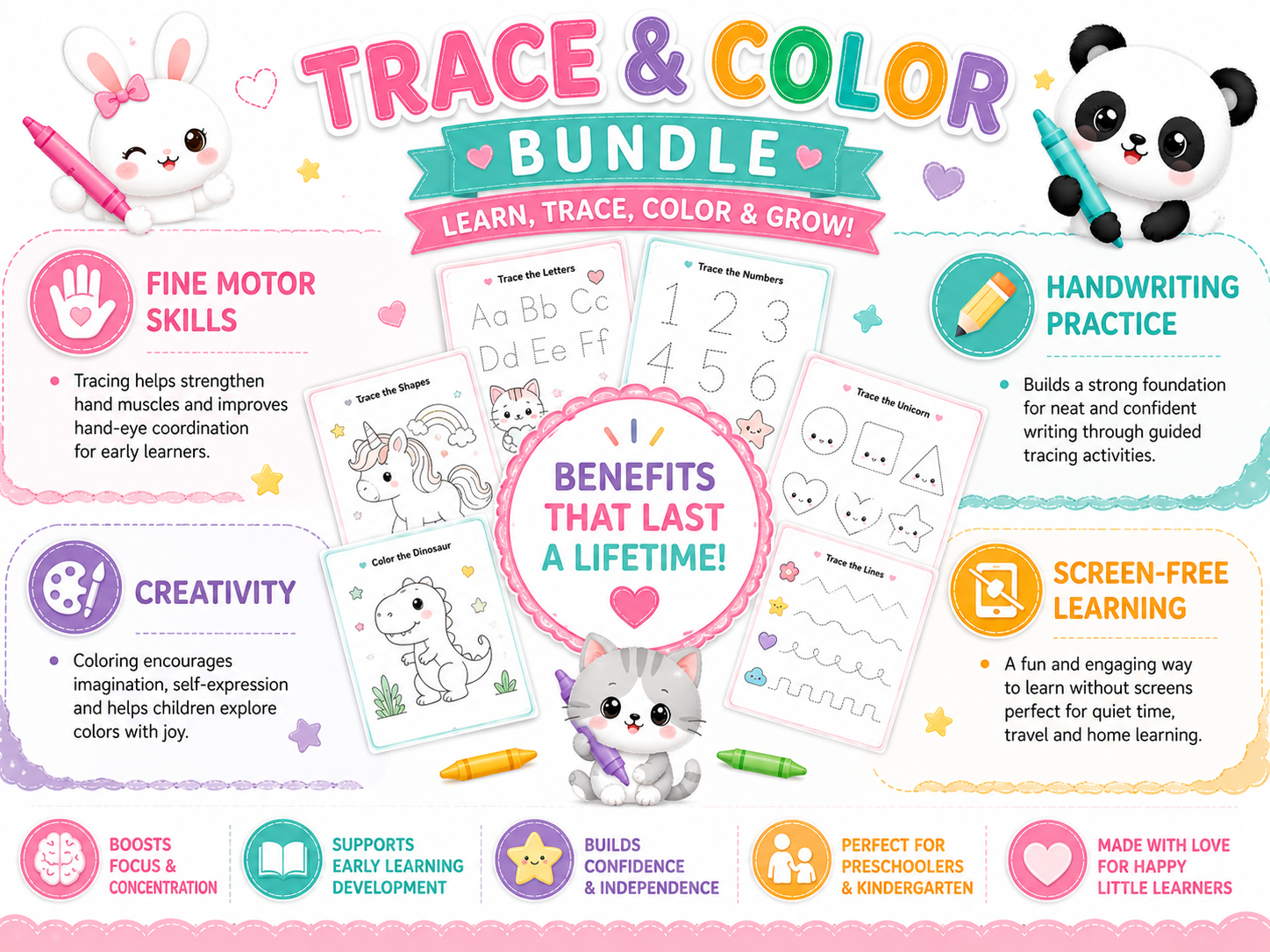 trace and color bundle promotional banner, big text "Instant Download", "Print & Play", "50 Learning Activities", cute kawaii worksheets around composition