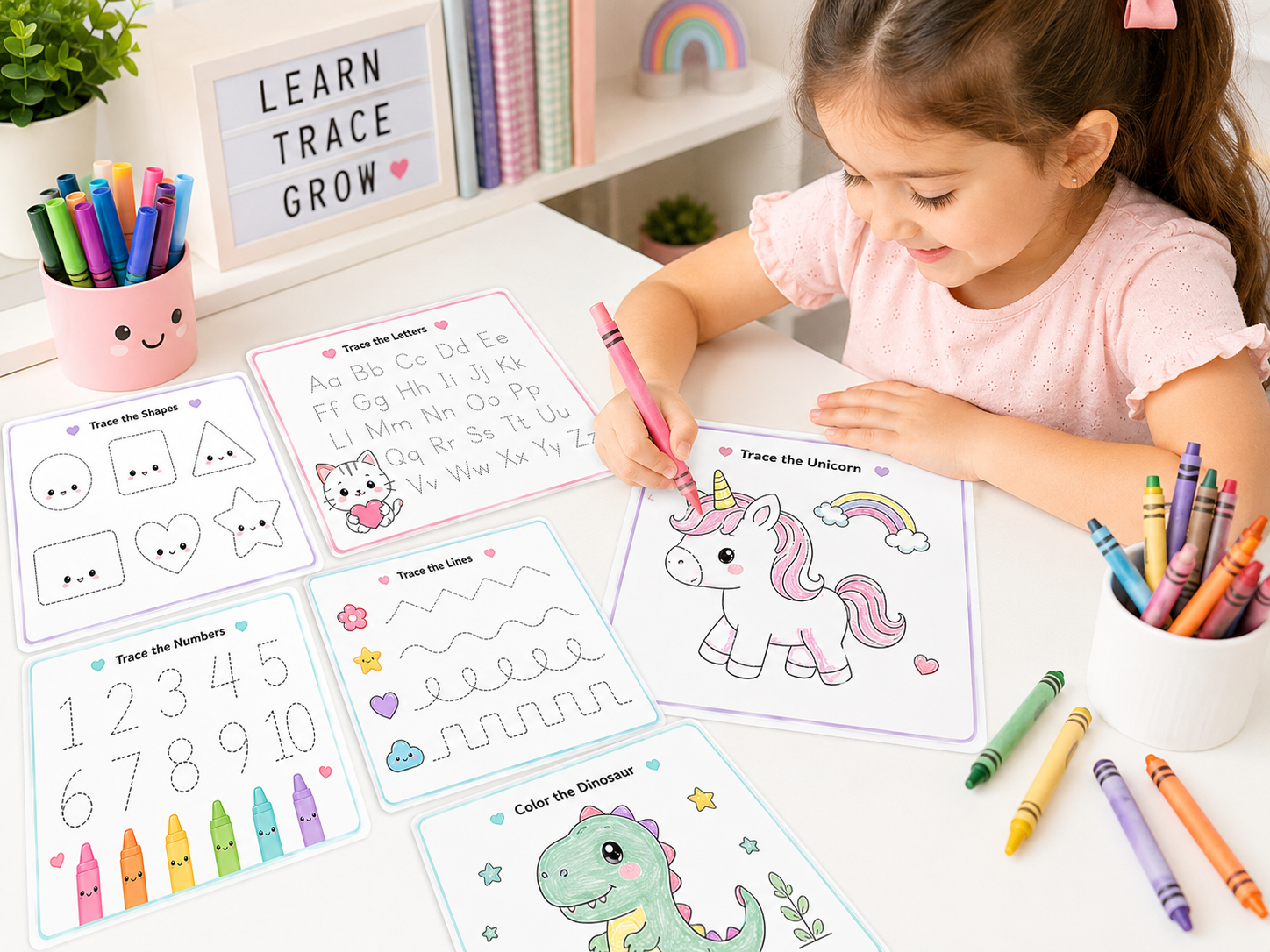 trace and color bundle promotional banner, big text "Instant Download", "Print & Play", "50 Learning Activities", cute kawaii worksheets around composition