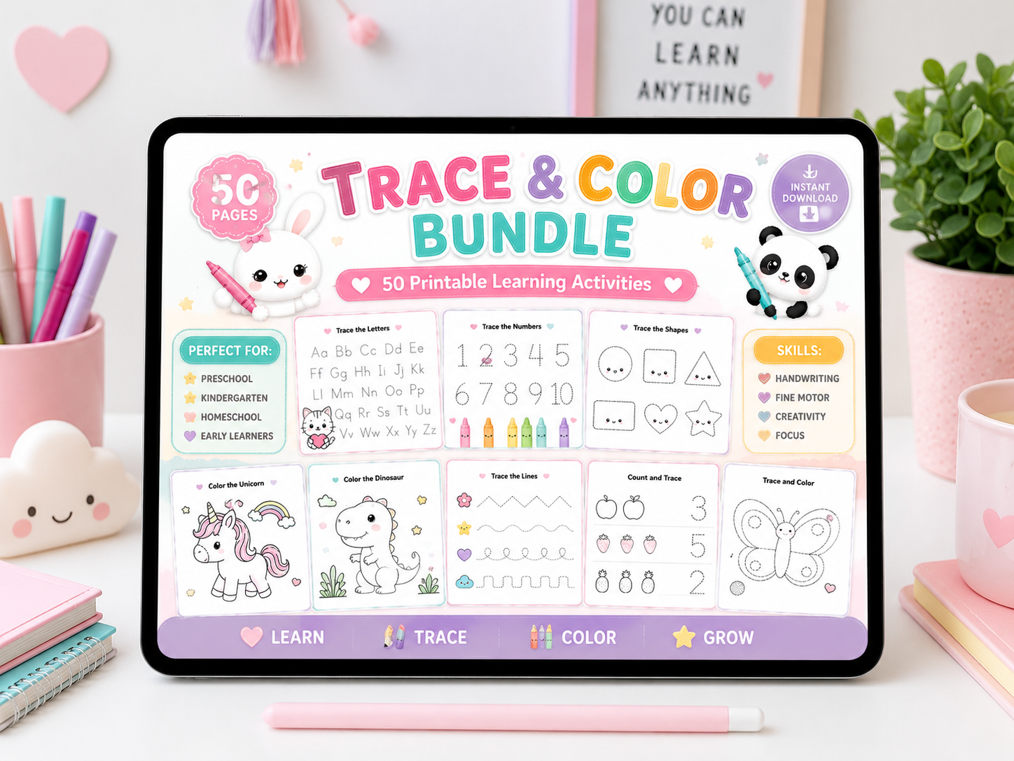trace and color bundle promotional banner, big text "Instant Download", "Print & Play", "50 Learning Activities", cute kawaii worksheets around composition