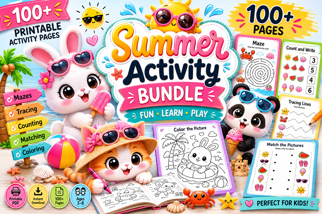 Summer Activity Bundle for Kids | 100 Printable Pages | Mazes, Tracing, Counting, Matching & Coloring Activities | Instant PDF Download | Preschool Learning Pack