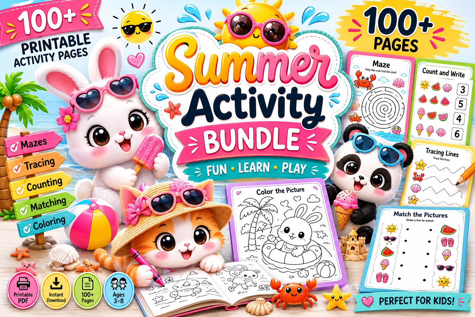 Summer Activity Bundle for Kids | 100 Printable Pages | Mazes, Tracing, Counting, Matching & Coloring Activities | Instant PDF Download | Preschool Learning Pack