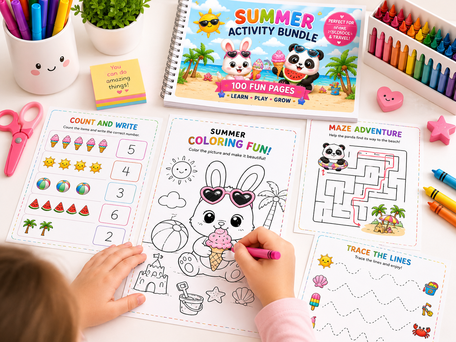 Summer Activity Bundle for Kids | 100 Printable Pages | Mazes, Tracing, Counting, Matching & Coloring Activities | Instant PDF Download | Preschool Learning Pack
