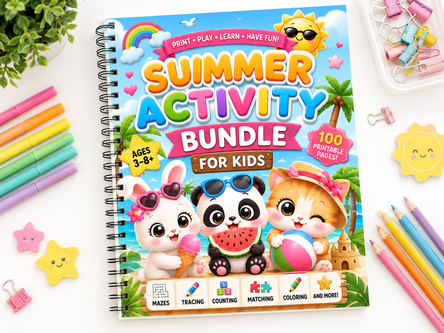 Summer Activity Bundle for Kids | 100 Printable Pages | Mazes, Tracing, Counting, Matching & Coloring Activities | Instant PDF Download | Preschool Learning Pack