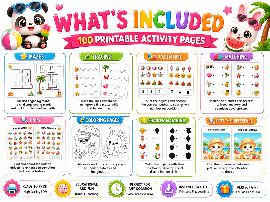 Summer Activity Bundle for Kids | 100 Printable Pages | Mazes, Tracing, Counting, Matching & Coloring Activities | Instant PDF Download | Preschool Learning Pack
