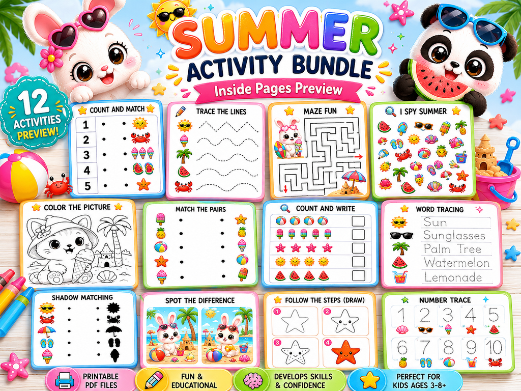 Summer Activity Bundle for Kids | 100 Printable Pages | Mazes, Tracing, Counting, Matching & Coloring Activities | Instant PDF Download | Preschool Learning Pack