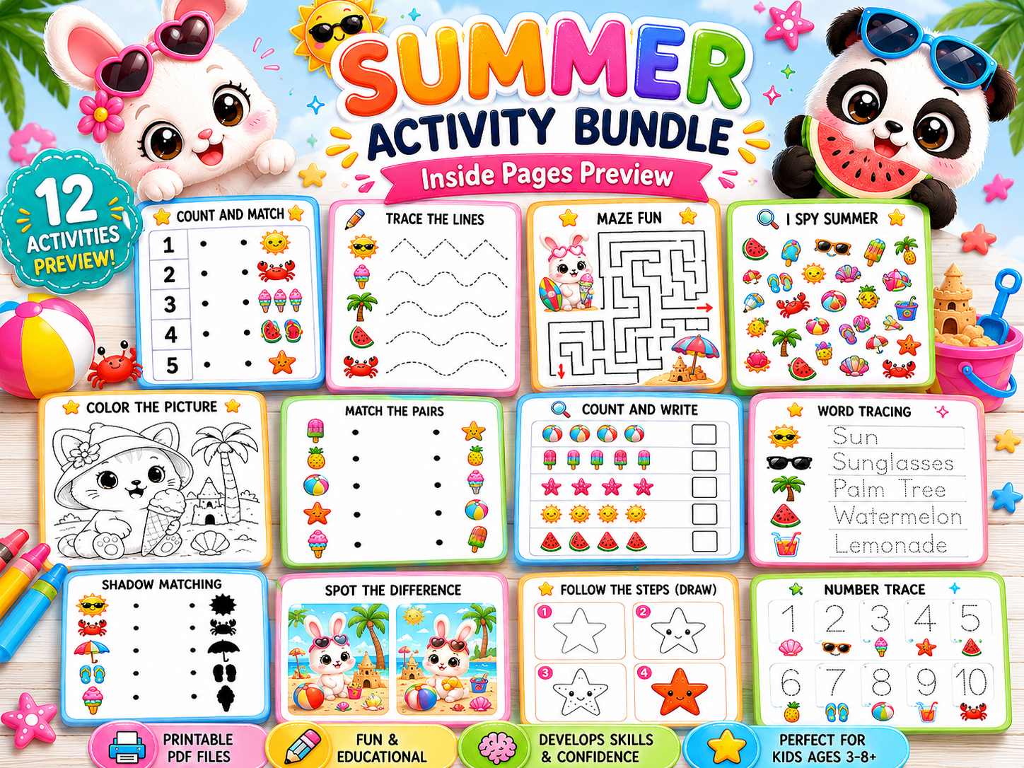 Summer Activity Bundle for Kids | 100 Printable Pages | Mazes, Tracing, Counting, Matching & Coloring Activities | Instant PDF Download | Preschool Learning Pack